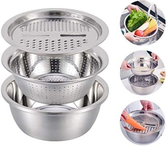  New Stainless Steel Basin Vegetable Cutter with 3 Piece Vegetable Washing Bowl